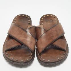 D&G Brown Leather Cross Strap Studded Slides Size 43