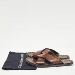D&G Brown Leather Cross Strap Studded Slides Size 43