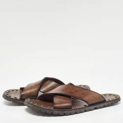 D&G Brown Leather Cross Strap Studded Slides Size 43