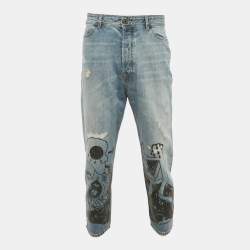 Pre Owned بنطلون ديزل بلاك جولد �أزرق مرهق بطباعة الجرافيتي بقصة ضيقة الدنيم مقاس متوسط كبير خصر 33 بوصة