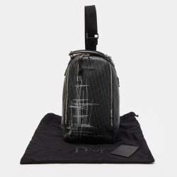 Pre Owned Dior Homme Dark Grey Stitched Print Oblique Coated Canvas Rider Sling Bag