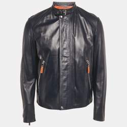 Pre Owned Dior Homme Navy Blue Leather Zip-Up Jacket L
