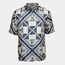 Pre Owned Dior Homme Blue Printed Silk Short Sleeve Shirt M