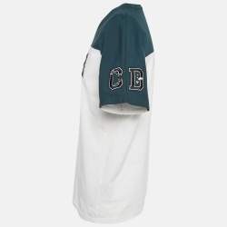 Pre Owned Dior Homme White/Blue Logo Print Colorblocked Cotton Knit T-Shirt M