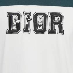 Pre Owned Dior Homme White/Blue Logo Print Colorblocked Cotton Knit T-Shirt M