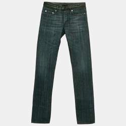 Pre Owned بنطلون جينز دينيم أزرق كحلي بحواف جلدية ديور أوم وسط مقاس خصر 32 بوصة