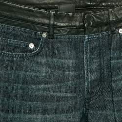 Pre Owned بنطلون جينز دينيم أزرق كحلي بحواف جلدية ديور أوم وسط مقاس خصر 32 بوصة