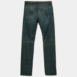 Pre Owned بنطلون جينز دينيم أزرق كحلي بحواف جلدية ديور أوم وسط مقاس خصر 32 بوصة