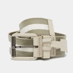 Dior Khaki Green/White Stripe Fabric and Leather Buckle Belt 95CM