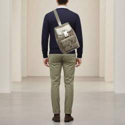 Pre Owned Dior Hit The Road Olive Green Diamond Coated Canvas and Leather Backpack