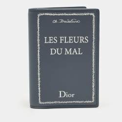 Pre Owned Dior Les Fleurs Du Mal Blue/White Book Cover Embossed Leather Card Holder