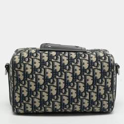 Pre Owned Dior Lingot 22 Navy Blue/Black Oblique Canvas and Leather Crossbody Bag