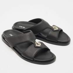Dior Black Leather Alias Flat Slides Size 43