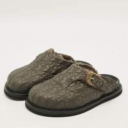 Pre Owned Dior Aqua Size 41 Dark Green Oblique Embossed Leather Mules