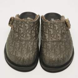 Pre Owned Dior Aqua Size 41 Dark Green Oblique Embossed Leather Mules