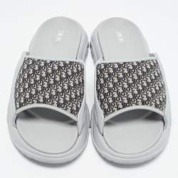Pre Owned Dior H-Town Size 45 Grey/Navy Blue Oblique Canvas and Rubber Slide Sandals