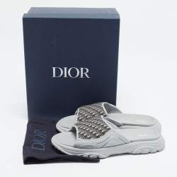 Pre Owned Dior H-Town Size 45 Grey/Navy Blue Oblique Canvas and Rubber Slide Sandals