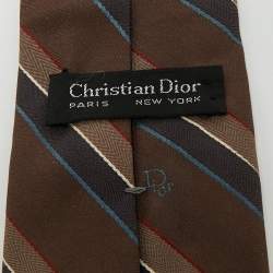 Pre Owned ربطة عنق ديور كلاسيكية بنية مقلّمة قطريًا قديمة