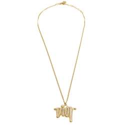 Pre Owned Dior Gold Tone Crystal Embellished Logo Pendant Necklace