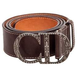 Pre Owned Dior Dark Brown Leather CD Logo Belt 90CM