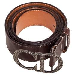 Pre Owned Dior Dark Brown Leather CD Logo Belt 90CM