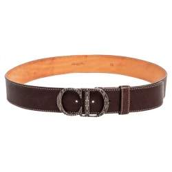 Pre Owned Dior Dark Brown Leather CD Logo Belt 90CM
