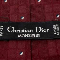 Dior Vintage Burgundy Check Patterned Jacquard Silk Tie