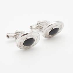 Pre Owned Dior Silver Tone Black Resin Logo Round Cufflinks