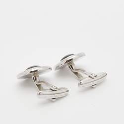 Pre Owned Dior Silver Tone Black Resin Logo Round Cufflinks