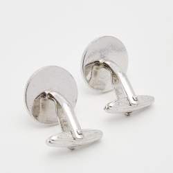 Pre Owned Dior Silver Tone Black Resin Logo Round Cufflinks