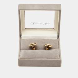 Christian Dior Logo Ename Gold Tone Round Cufflinks