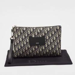 Dior Black Oblique Canvas and Leather Wristlet Zip Pouch