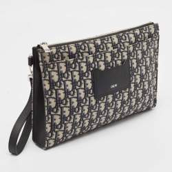 Dior Black Oblique Canvas and Leather Wristlet Zip Pouch