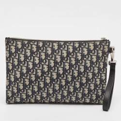 Dior Black Oblique Canvas and Leather Wristlet Zip Pouch