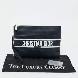 Dior Navy Blue/White Leather Logo Vibe Zip Clutch