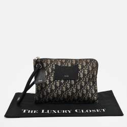 Dior Navy Blue Oblique Canvas Wristlet Zip Pouch