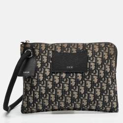 Dior Navy Blue Oblique Canvas Wristlet Zip Pouch