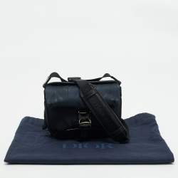Pre Owned Dior Navy Blue/Black Diamond Print Nylon and Leather Explorer Pouch Bag 