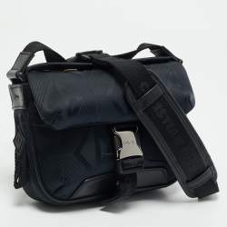 Pre Owned Dior Navy Blue/Black Diamond Print Nylon and Leather Explorer Pouch Bag 