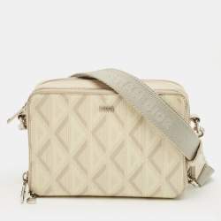 Pre Owned Dior Beige Diamond Print Coated Canvas and Leather Double Zip Camera Bag