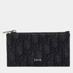 Pre Owned Dior Black Oblique Jacquard, Leather  Zipped Card Holder