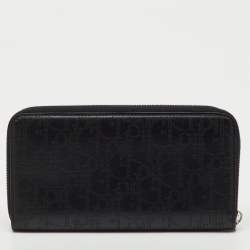 Pre Owned Dior Black Oblique Leather Voyageur Long Zip Around Wallet