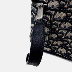 Pre Owned Dior Beige Navy Blue Fabric Oblique Toilet Clutch