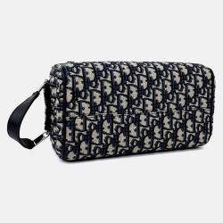Pre Owned Dior Beige Navy Blue Fabric Oblique Toilet Clutch