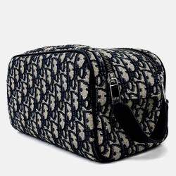 Pre Owned Dior Beige Navy Blue Fabric Oblique Toilet Clutch
