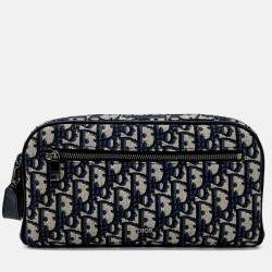 Pre Owned Dior Beige Navy Blue Fabric Oblique Toilet Clutch