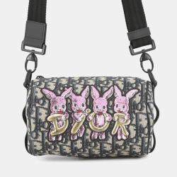 Pre Owned Dior Oblique Roller Shoulder Bag Rabbit Kids Black/Beige Canvas Leather Size Mini