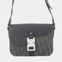 مملوكة مسبقًا Dior Oblique Saddle Flap Messenger Bag Anthracitegray Jacquard Grained Calfleather Size Small