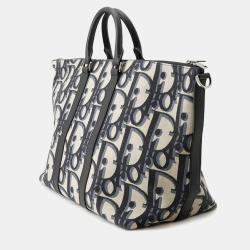 Pre Owned Dior Weekender 40 Navy Beige Oblique Canvas Leather Two Way Bag