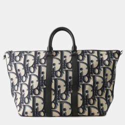 Pre Owned Dior Weekender 40 Navy Beige Oblique Canvas Leather Two Way Bag